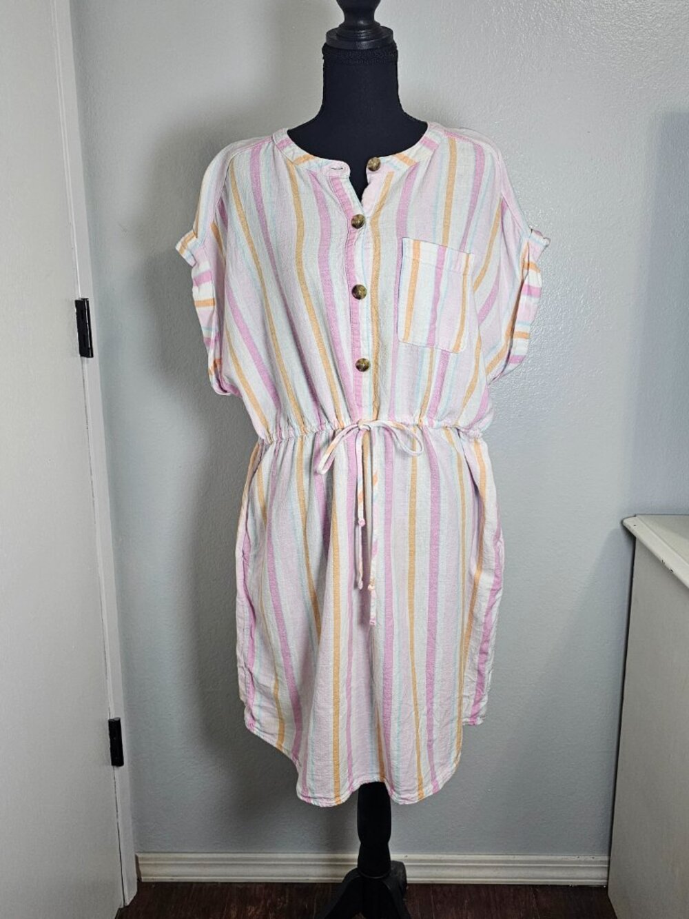 Time & Tru Pastel Stripe Tie Waist Linen Blend Vacation Travel Dress - Size XL - Picture 2 of 6